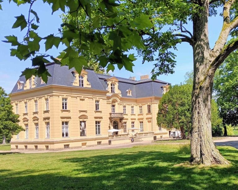 Gelbes Herrenhaus, Wiese und Baum