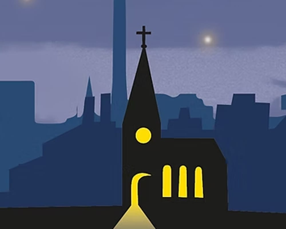 Illustration einer Kirche, die bei Nacht leuchtet