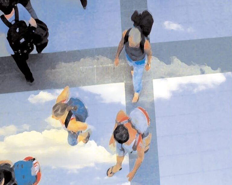 Illustration von Menschen, die über einen Wolkenhimmel laufen