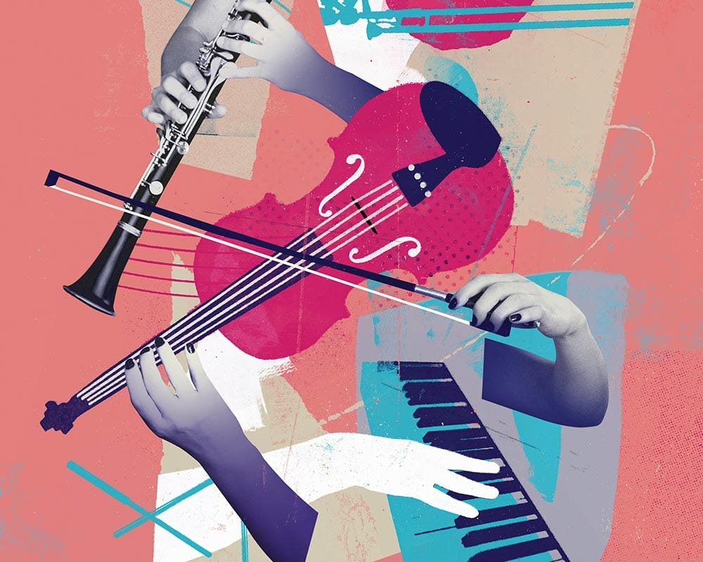 Collage von Händen, die verschiedene Musikinstrumente spielen